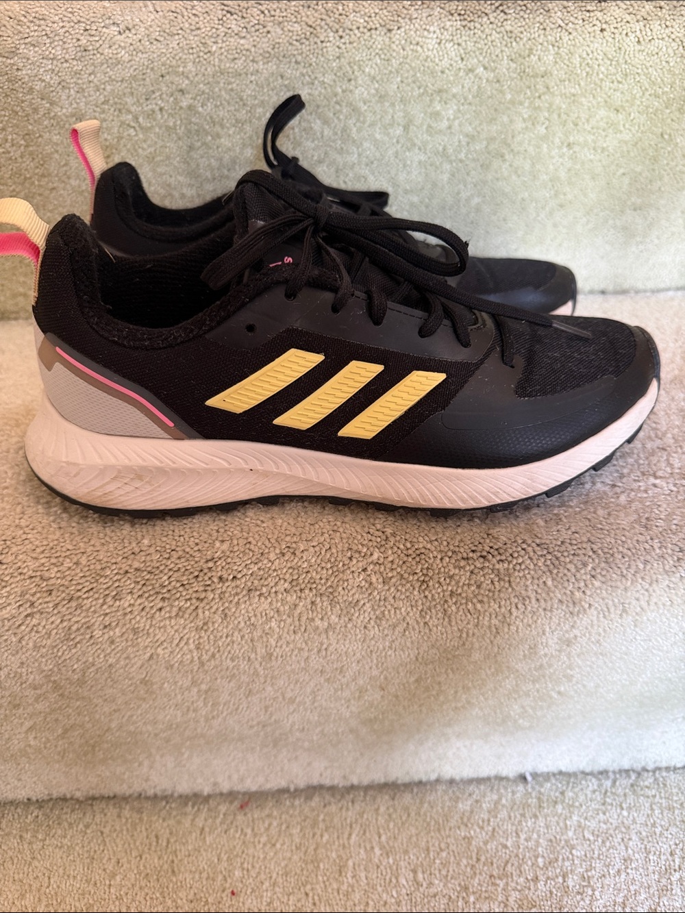 adidas Black Sneakers with Yellow Stripes and Pink Accents